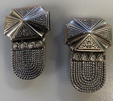 Vintage Ermani Bulatti Silver Tone Clip-On Earrings Large Art Deco W Rhinestone