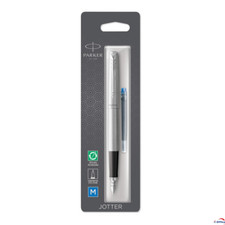 Parker Jotter Fountain Pen, Stainless Steel, Chrome Trim, Blue Ink, Bubble Pack