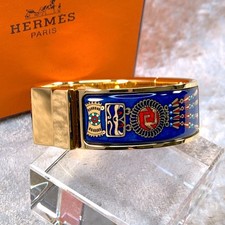 Vintage Hermes Clic Clac Bangle Bracelet Blue Enamel Gold Size GM with Box
