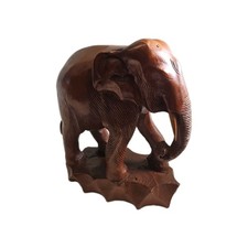 Vintage Large and Heavy Hand Carved Wooden Elephant Statue Solid Wood 10 X 9"