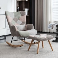 Rocking Chair for Nursery Patchwork Fabric Recliner Accent Chair With Footstool