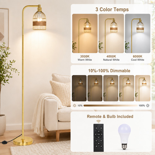 Gold floor lamp - floor, rattan