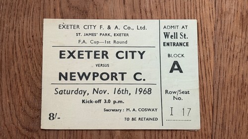 Ticket 1968 exeter city v - ticket, 1968/69