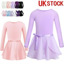 UK Kids Girls Ballet Dance Dress Basic Long Sleeve Leotard Skirt Tulle Dancewear