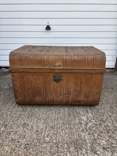 Antique metal steamer trunk - antique,