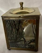 Vintage Tea Caddy Tin Mallard  Duck Lake Trees Water Scene Gold Coloured