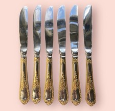 6 x Vintage Solingen Carl Schmidt Sohn Dinner Knives Stainless Steel & Gilt Tone