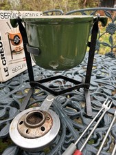 Old Le Creuset Green Enamel Fondue Set with Stand And 7 Forks Box
