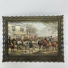 Vintage Print On Silk Hunting Scene With Brass Ornate Frame 