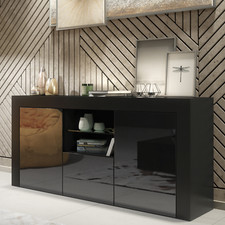 145cm Modern TV Unit | Black Matt Body & Black Gloss Doors | Glass Shelf