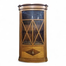 Antique tall inlaid mahogany bow front display cabinet