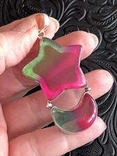 Red and Green Glass, Moon and Star Motif 2.5” Art Glass Handcrafted