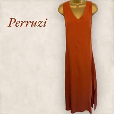 Peruzzi Rust Linen Sleeveless Long Summer Shift Dress Side Splits  UK 10 - NWT
