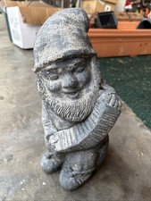 Vintage Garden Gnome Statue With Squeeze Box Accordion, Cast Concrete 