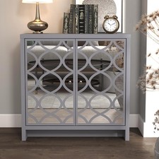 Arriana 2 Door Compact Sideboard cool grey shelf and mirrored fretwork doors