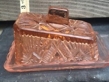 ART DECO VINTAGE PEACH AMBER COLOUR DEPRESSION GLASS LARGE BUTTER / CHEESE DISH