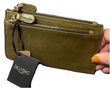 BILLY BAG DESIGNER SLIM LEATHER 2 ZIPPED POCKET’S  PURSE IN OLIVE GREEN - NEW !