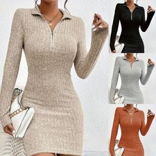 Womens Ribbed Long Sleeve Jumper Dress Ladies Zipper Collar V Neck Mini Dresses