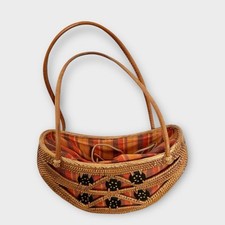 Wicker Rattan Bag Handbag Brown Orange Basket Plaid Lined Balinese Style