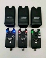 3 × Delkim EV Plus Bite Alarms in Blue, Red + Green + Protective Caps Carp Fishing