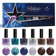 Shine Nail Polish Set of 6 Glitter Reflective Shimmery Colours 10ml Sparkly