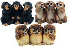 3 Wise Meerkats Chimpanzees or Owls Ornament Hear No Resin Statue Home & Garden