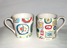 Cath Kidston Unusual Set of 2 Different Clocks China Coffee Mugs in White &Multi