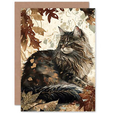 Maine Coon Cat Autumn Leaves Watercolour Art Blank Greeting Card With Envelope