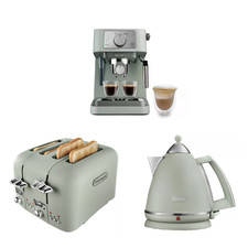 Delonghi Argento 1.7L Kettle, 4 Slice Toaster & Stilosa Coffee Machine Green