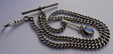 Lovely antique solid silver pocket watch albert chain w/ silver & moonstone fob