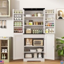Freestanding Farmhouse Kitchen Pantry Cabinet with 8 Shelves & 1 Drawer, White