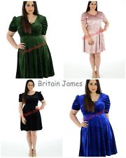 Womens Velvet Cross Back Skater Ruched Sleeve Ladies Plus Size Warm Dress 14-28
