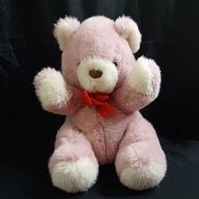 Tebro Pink & White Sitting Teddy Bear Red Bow Plush Soft Toy Red Bow Tie 10"