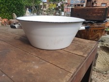 Vintage Round White Enamel Bowl Garden Planter Bottle Bar Watertight Dbl Handle