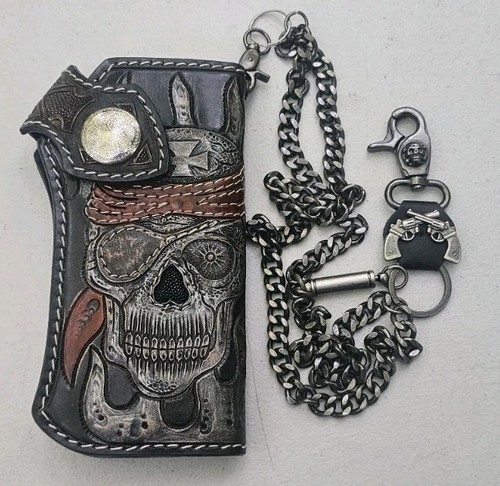 Skull leather biker wallet - leather,