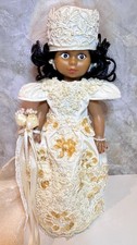 Bride Doll 10” African American | Gown, Hat And Veil  Embroidery Pearls Handmade