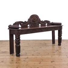 Victorian Antique Carved Oak Hall Bench (M-4852)