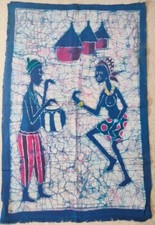 African Batik Wall Hanging / Tapestry-Cheerful drummer and dancer - 110cm x 74cm