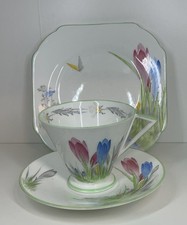 Shelley "Crocus" 11952 Eve Shape Art Deco Conical Tea trio. c.1932 Fab.