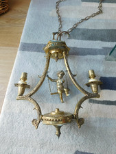 Brass 2 Armed Hanging Light with Cherub on Swing (for refurbishment)