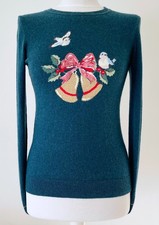 Cath Kidston Size XS Teal Blue Rare Christmas Bird Bells Holly Christmas Jumper