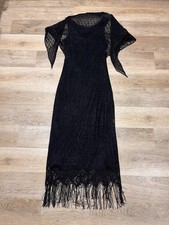 Ladies Black Lace Tasselled Fringe 1920’s Flapper Girl Dress With Shawl Size 12