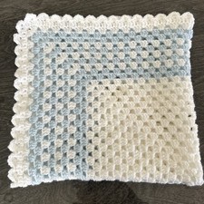 Hand Knitted Crochet Baby Pram Blanket White and Blue New