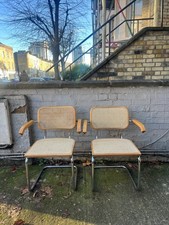 Pair of vintage Bauhaus Marcel Breuer Cesca Chairs with armrest beige brown wood