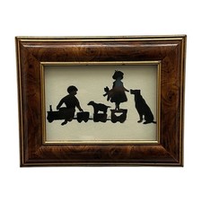 Vintage Framed Silhouette Of A Boy Girl With Toys Aad Dog R Hughes 14 X 18cm