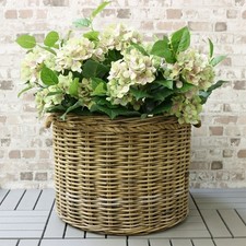 Grey & Buff Rattan Round Wicker Planter With Rope Handles Garden Storage Basket