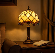 Stained Glass, Beaded, Tiffany Lamp, Cream 8 inch Shade, Art Deco, Vintage, E27