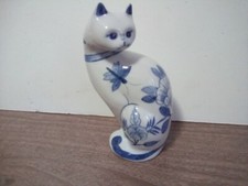 Cardinal Cat Figurine Thailand Blue White Floral Butterfly Design