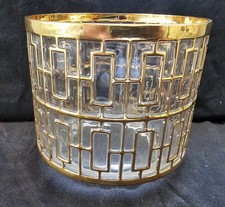 VINTAGE 1960'S IMPERIAL GLASS SHOJI TRELLIS ICE BUCKET 22K GOLD MCM BARWARE