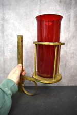 Older Wall Mount Hanging Sanctuary Lamp w/ Red Globe. Brass. (CU47) Chalice Co